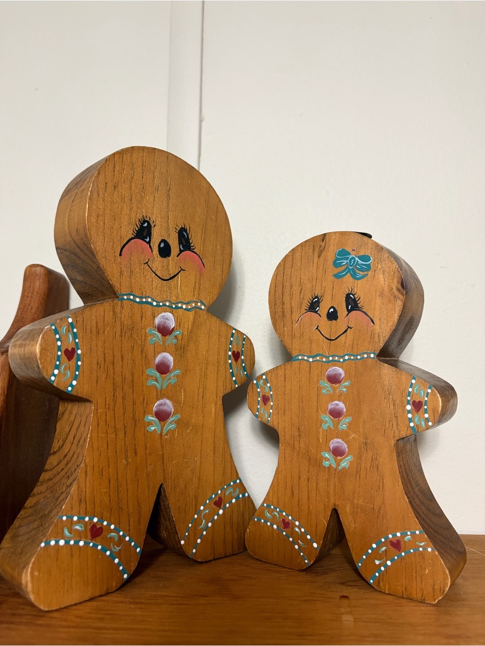 Hand-Painted cottage core Christmas Wooden Gingerbread Couple candle holders